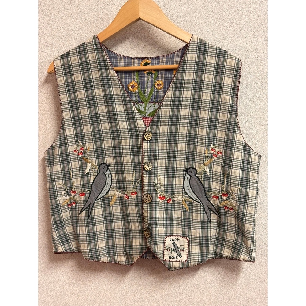 Papy Boez Reversible Plaid Vest Bird Floral Embroidery Folk Art Cottagecore READ